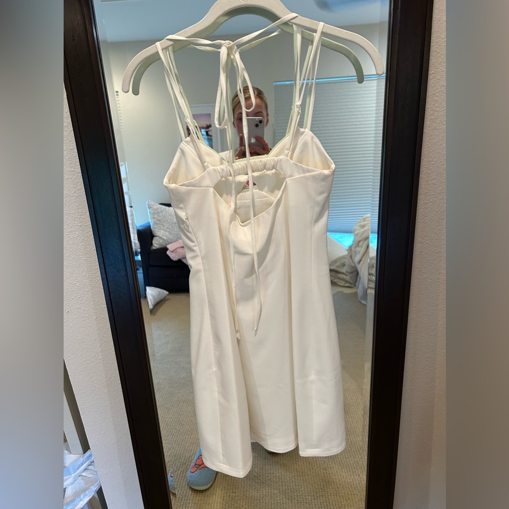 NWT SIMKHAI Eilish button-embellished crepe halterneck mini dress Ivory Size 0 - Picture 3 of 6